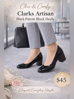 Clarks Artisan Black Patent Leather Block Heel Pumps – Size 8